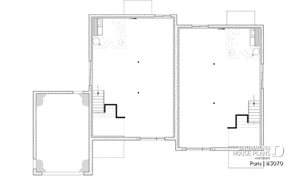 Unfinished basement - Modern duplex plan, 1 to 3 beds, 2 bathrooms per unit, optional finished basement ($), garage on left side - Paris