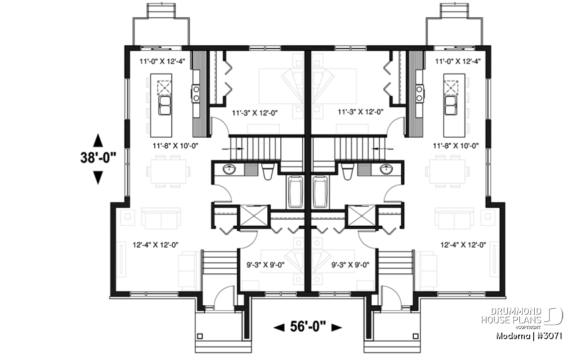 1st level - Modern duplex house plan with 2-4 bedrooms, 1-2 bathrooms and 1-2 family rooms per unit - Moderna