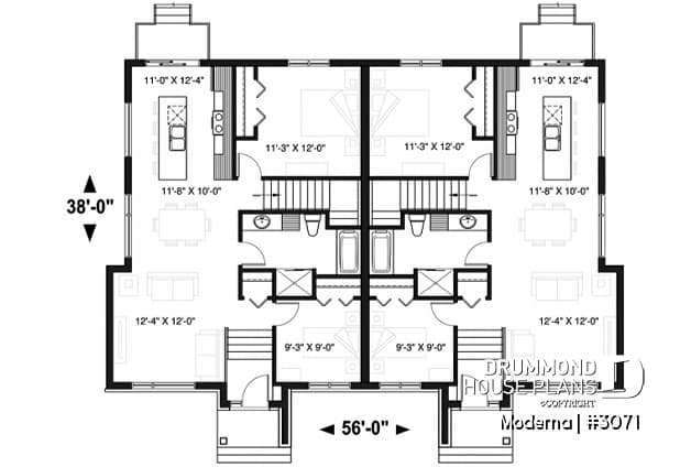 1st level - Modern duplex house plan with 2-4 bedrooms, 1-2 bathrooms and 1-2 family rooms per unit - Moderna