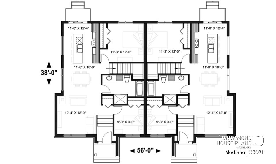1st level - Modern duplex house plan with 2-4 bedrooms, 1-2 bathrooms and 1-2 family rooms per unit - Moderna