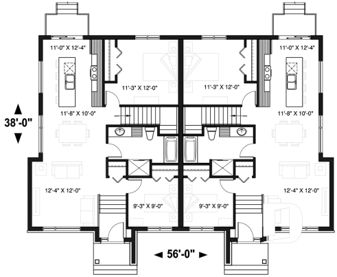 1st level - Modern duplex house plan with 2-4 bedrooms, 1-2 bathrooms and 1-2 family rooms per unit - Moderna
