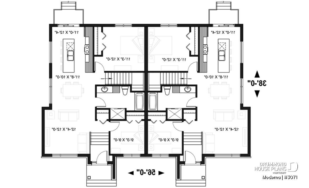 1st level - Modern duplex house plan with 2-4 bedrooms, 1-2 bathrooms and 1-2 family rooms per unit - Moderna