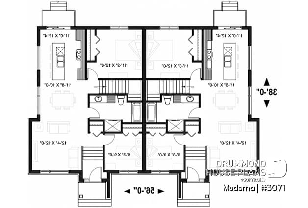 1st level - Modern duplex house plan with 2-4 bedrooms, 1-2 bathrooms and 1-2 family rooms per unit - Moderna