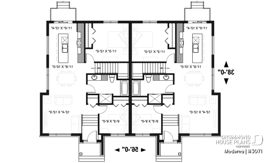 1st level - Modern duplex house plan with 2-4 bedrooms, 1-2 bathrooms and 1-2 family rooms per unit - Moderna