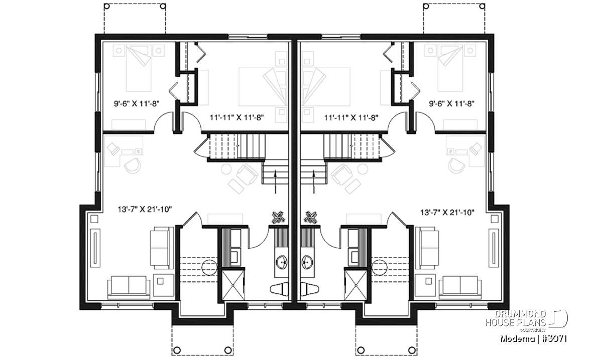 Basement - Modern duplex house plan with 2-4 bedrooms, 1-2 bathrooms and 1-2 family rooms per unit - Moderna