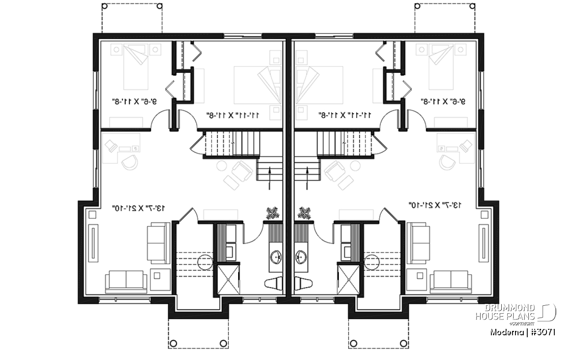 Basement - Modern duplex house plan with 2-4 bedrooms, 1-2 bathrooms and 1-2 family rooms per unit - Moderna