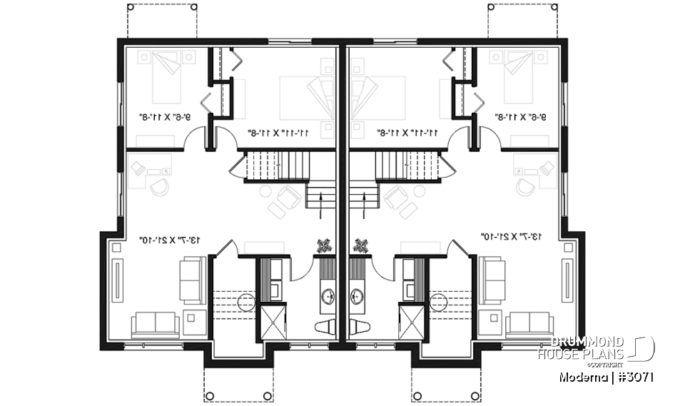 Basement - Modern duplex house plan with 2-4 bedrooms, 1-2 bathrooms and 1-2 family rooms per unit - Moderna