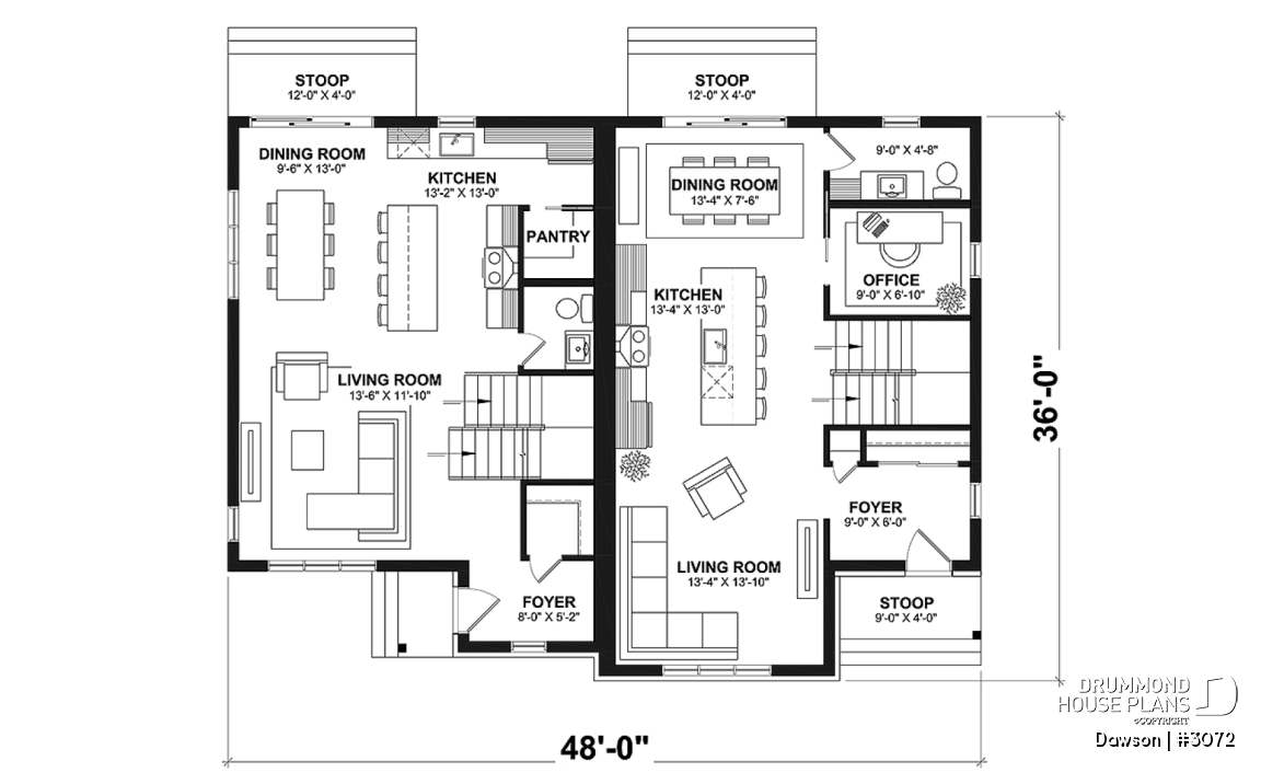 1st level - Duplex house plans, 3 bedrooms, 1.5 baths, farmhouse style, open floor plan concept - Dawson