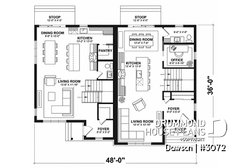 1st level - Duplex house plans, 3 bedrooms, 1.5 baths, farmhouse style, open floor plan concept - Dawson
