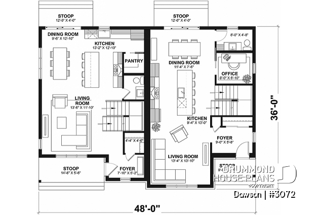 1st level - Duplex house plans, 3 bedrooms, 1.5 baths, farmhouse style, open floor plan concept - Dawson