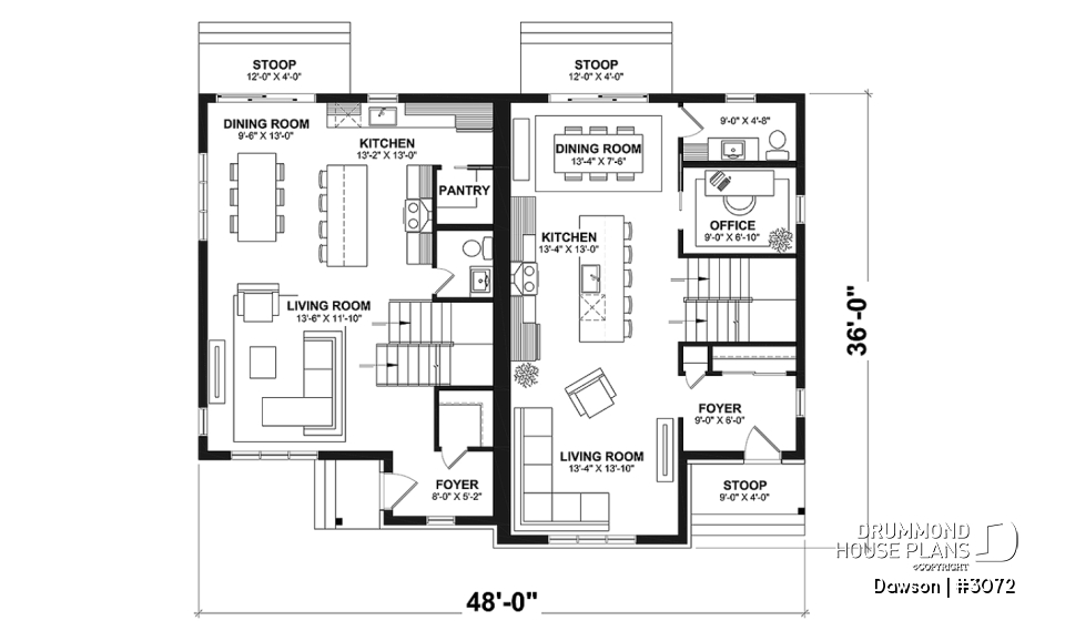 1st level - Duplex house plans, 3 bedrooms, 1.5 baths, farmhouse style, open floor plan concept - Dawson