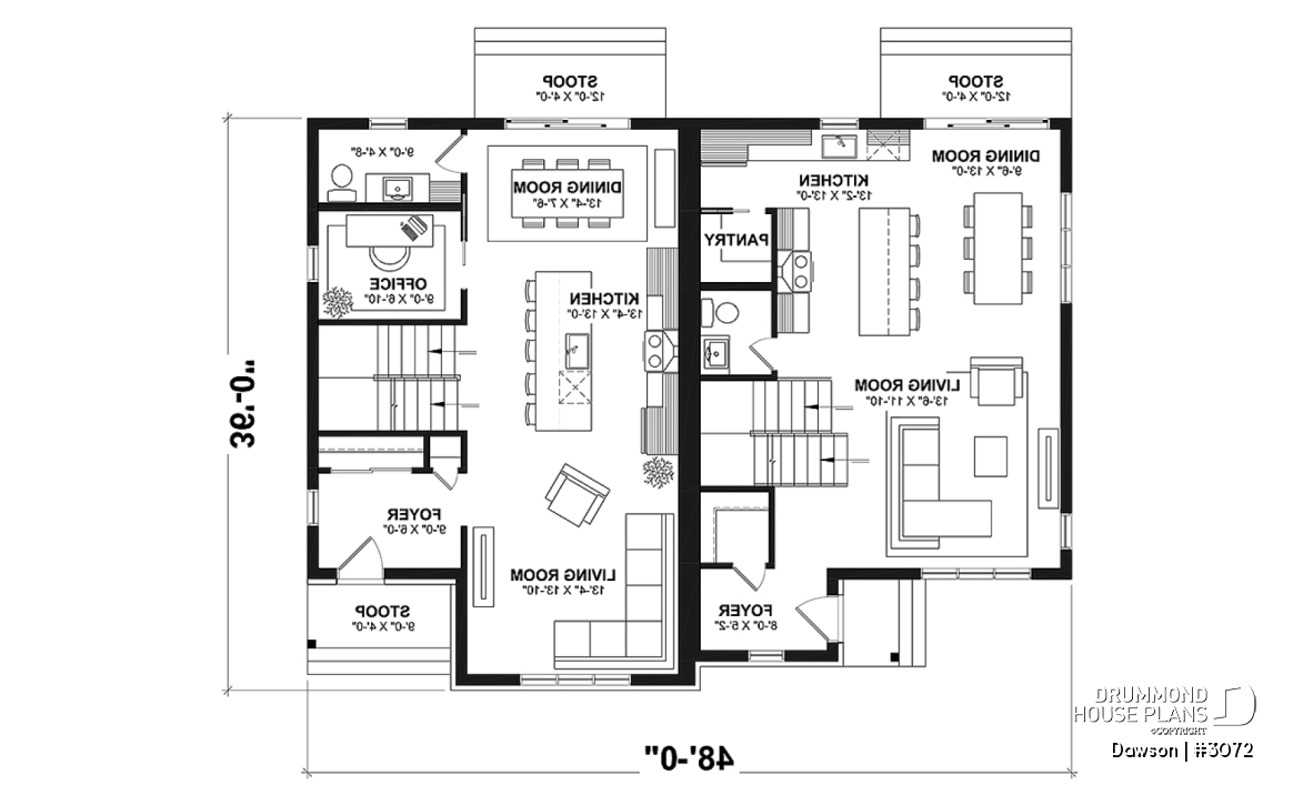 1st level - Duplex house plans, 3 bedrooms, 1.5 baths, farmhouse style, open floor plan concept - Dawson