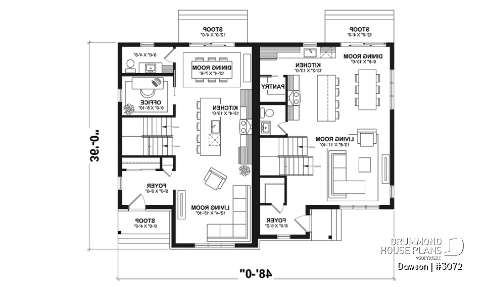 1st level - Duplex house plans, 3 bedrooms, 1.5 baths, farmhouse style, open floor plan concept - Dawson