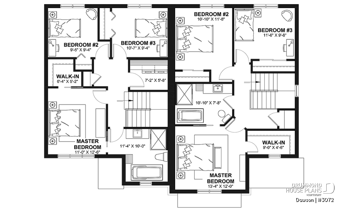 2nd level - Duplex house plans, 3 bedrooms, 1.5 baths, farmhouse style, open floor plan concept - Dawson
