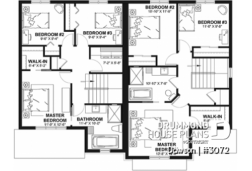 2nd level - Duplex house plans, 3 bedrooms, 1.5 baths, farmhouse style, open floor plan concept - Dawson