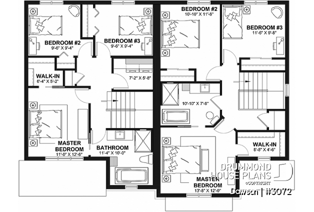 2nd level - Duplex house plans, 3 bedrooms, 1.5 baths, farmhouse style, open floor plan concept - Dawson