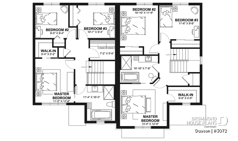 2nd level - Duplex house plans, 3 bedrooms, 1.5 baths, farmhouse style, open floor plan concept - Dawson