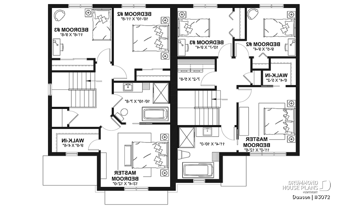 2nd level - Duplex house plans, 3 bedrooms, 1.5 baths, farmhouse style, open floor plan concept - Dawson