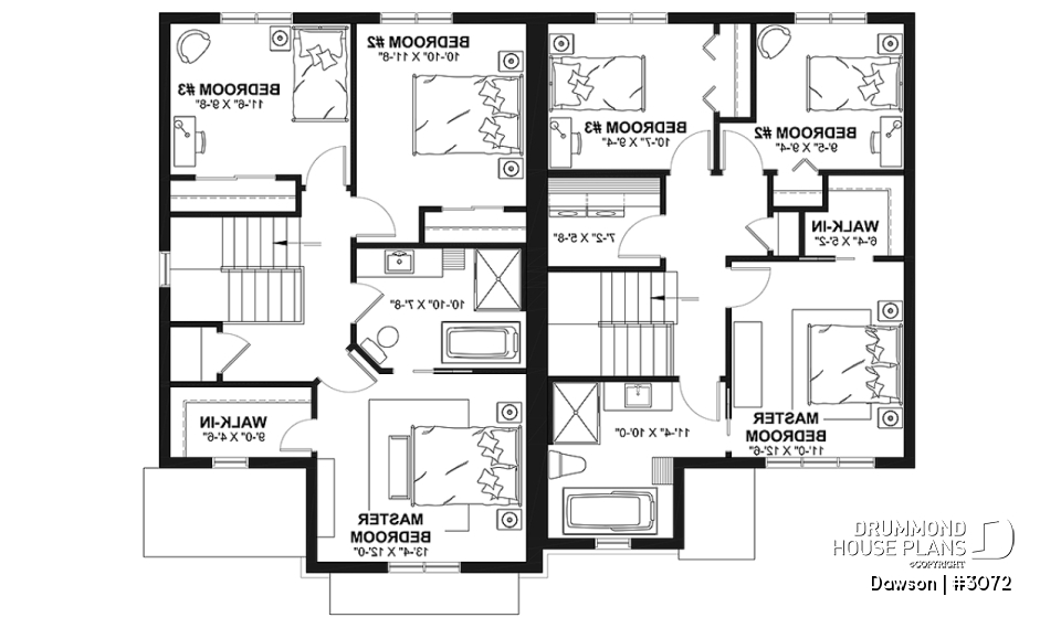 2nd level - Duplex house plans, 3 bedrooms, 1.5 baths, farmhouse style, open floor plan concept - Dawson