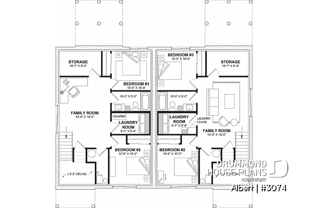 Basement - Semi-detached house plan offering two different ground floor layouts and a total of 3 bedrooms - Albert