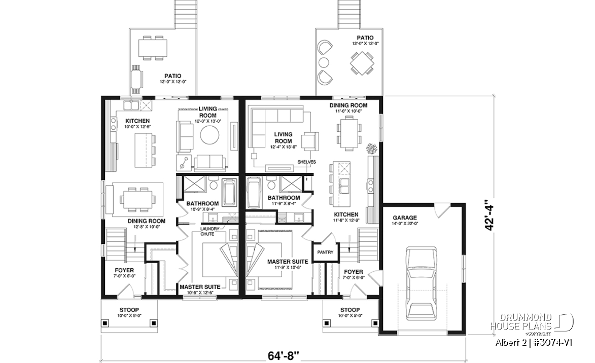 1st level - Semi-detached model with garage on one side, 3 bedrooms and 2 bathrooms per unit, open concept - Albert 2