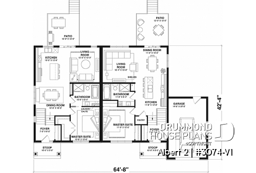 1st level - Semi-detached model with garage on one side, 3 bedrooms and 2 bathrooms per unit, open concept - Albert 2