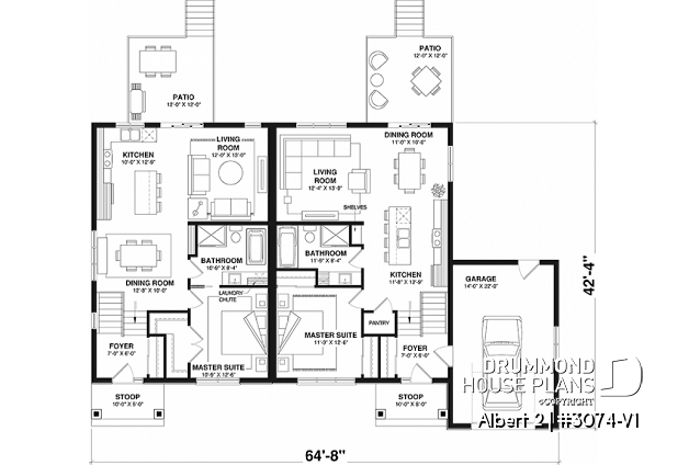 1st level - Semi-detached model with garage on one side, 3 bedrooms and 2 bathrooms per unit, open concept - Albert 2