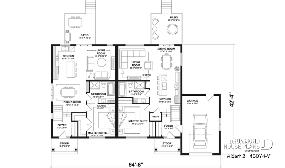 1st level - Semi-detached model with garage on one side, 3 bedrooms and 2 bathrooms per unit, open concept - Albert 2