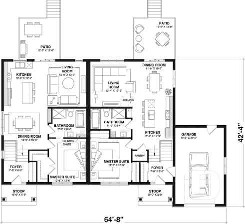 1st level - Semi-detached model with garage on one side, 3 bedrooms and 2 bathrooms per unit, open concept - Albert 2