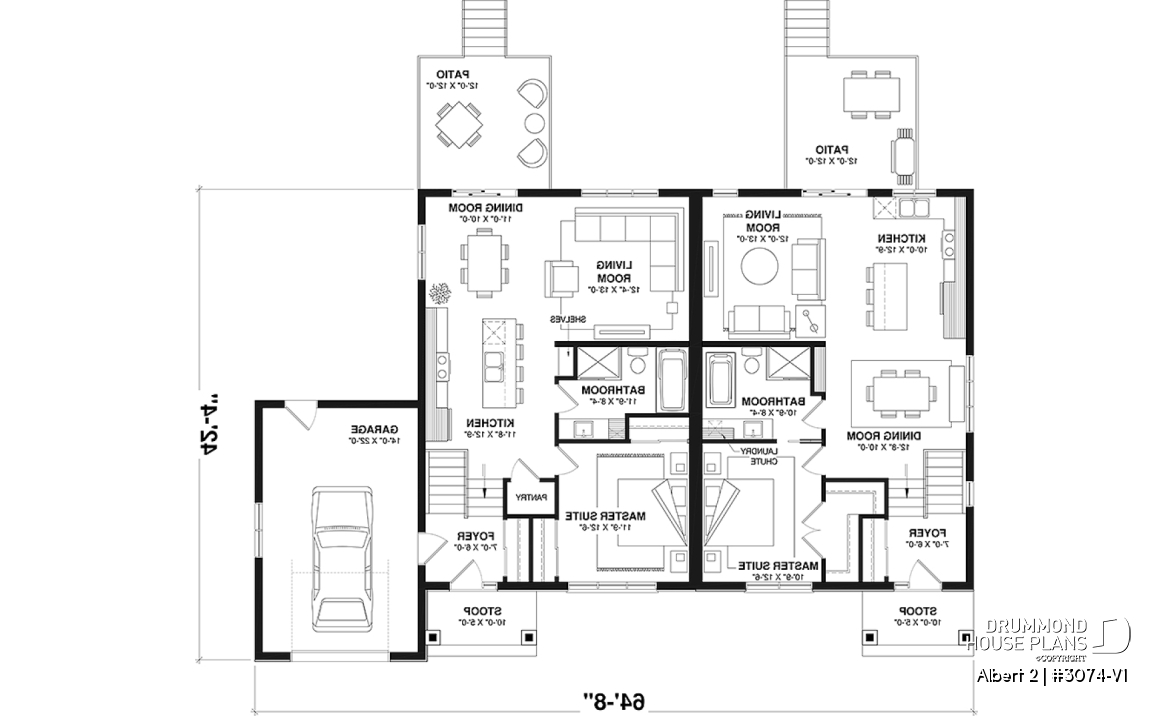 1st level - Semi-detached model with garage on one side, 3 bedrooms and 2 bathrooms per unit, open concept - Albert 2