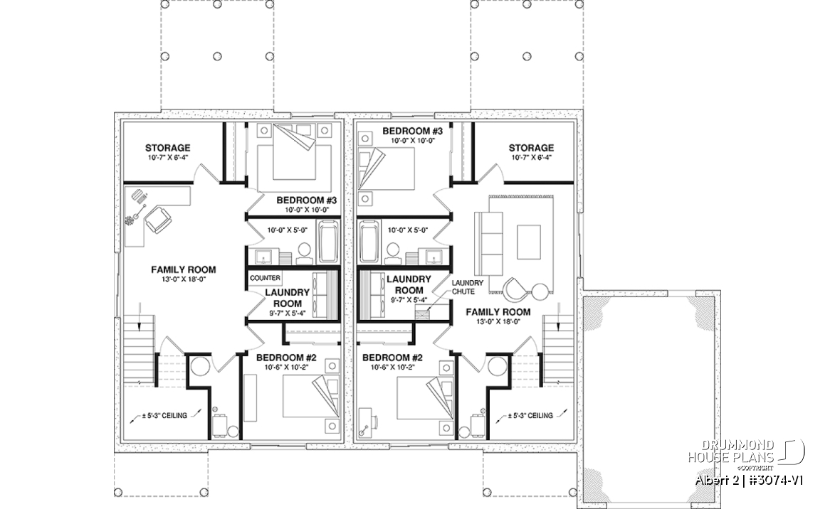 Basement - Semi-detached model with garage on one side, 3 bedrooms and 2 bathrooms per unit, open concept - Albert 2