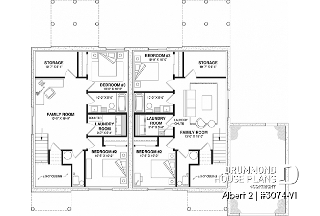 Basement - Semi-detached model with garage on one side, 3 bedrooms and 2 bathrooms per unit, open concept - Albert 2