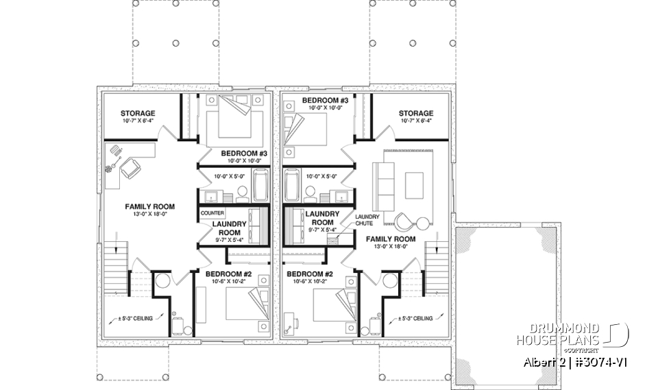 Basement - Semi-detached model with garage on one side, 3 bedrooms and 2 bathrooms per unit, open concept - Albert 2