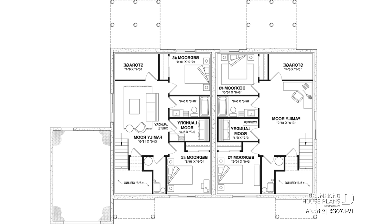 Basement - Semi-detached model with garage on one side, 3 bedrooms and 2 bathrooms per unit, open concept - Albert 2