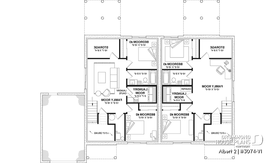 Basement - Semi-detached model with garage on one side, 3 bedrooms and 2 bathrooms per unit, open concept - Albert 2