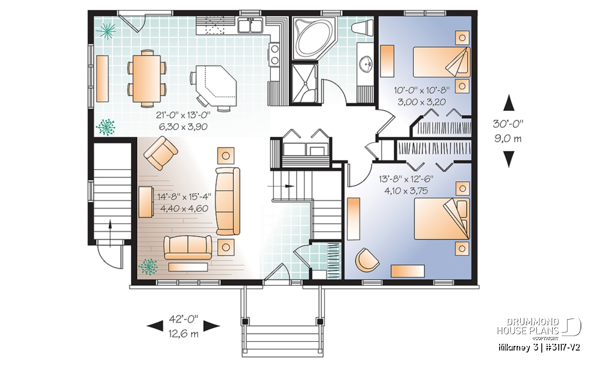 1st level - 3 bedroom house plan with 2 family rooms (main unit) and a one-bedroom basement apartment - Killarney 3