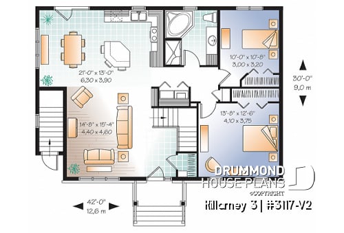 1st level - 3 bedroom house plan with 2 family rooms (main unit) and a one-bedroom basement apartment - Killarney 3
