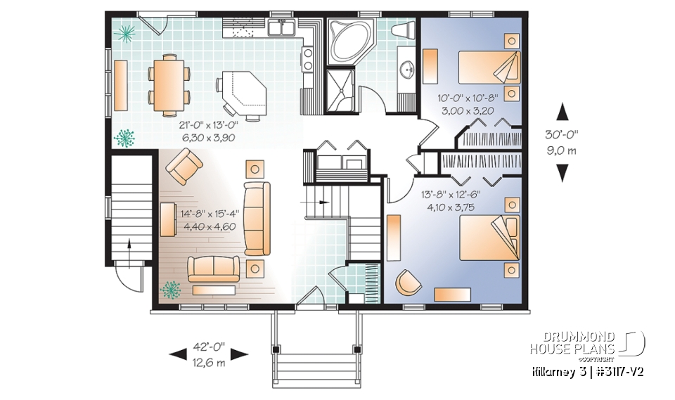 1st level - 3 bedroom house plan with 2 family rooms (main unit) and a one-bedroom basement apartment - Killarney 3