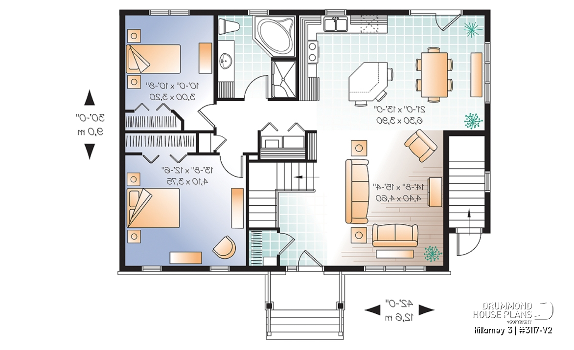 1st level - 3 bedroom house plan with 2 family rooms (main unit) and a one-bedroom basement apartment - Killarney 3