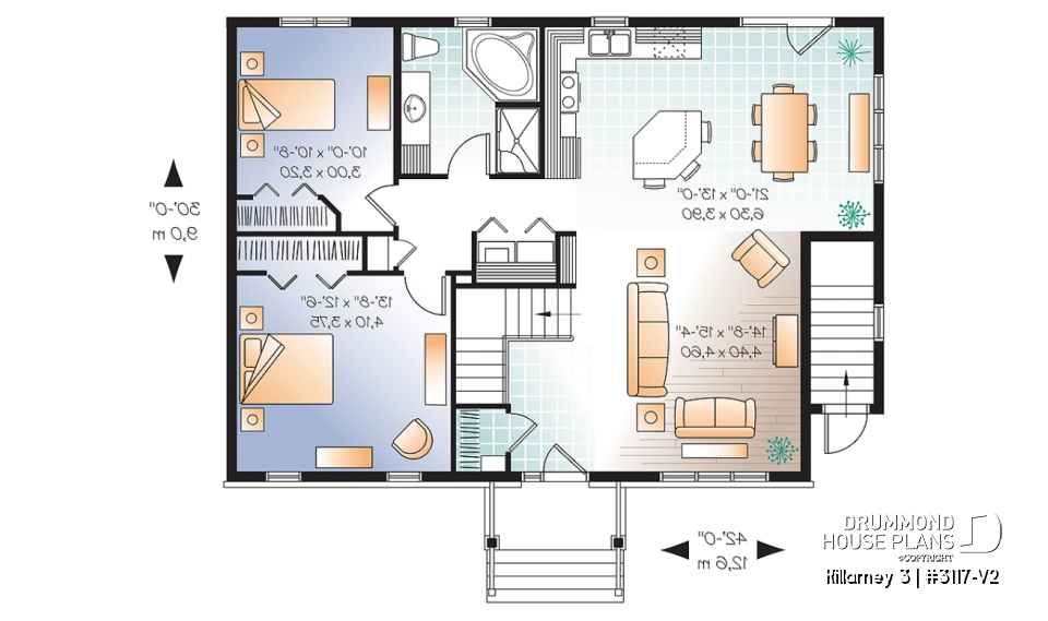 1st level - 3 bedroom house plan with 2 family rooms (main unit) and a one-bedroom basement apartment - Killarney 3