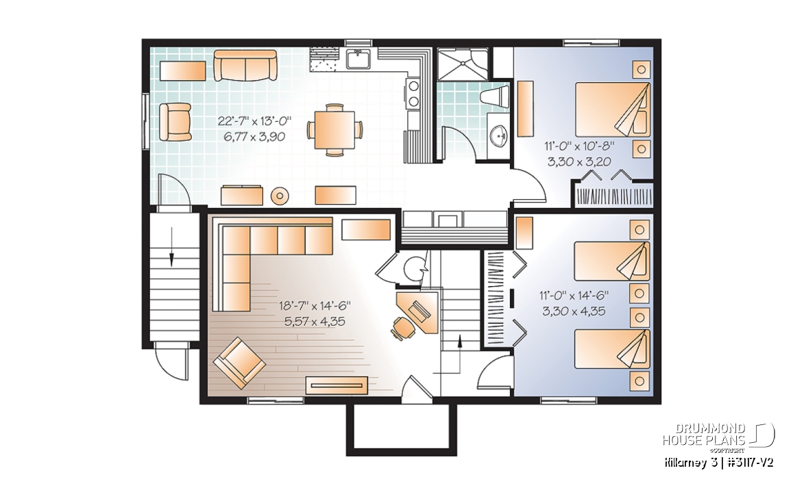 Basement - 3 bedroom house plan with 2 family rooms (main unit) and a one-bedroom basement apartment - Killarney 3