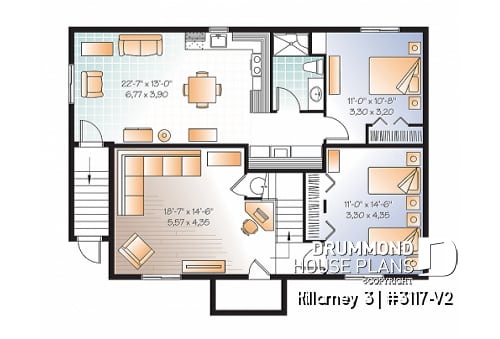 Basement - 3 bedroom house plan with 2 family rooms (main unit) and a one-bedroom basement apartment - Killarney 3