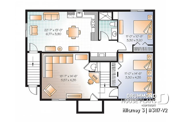 Basement - 3 bedroom house plan with 2 family rooms (main unit) and a one-bedroom basement apartment - Killarney 3