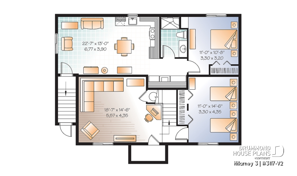 Basement - 3 bedroom house plan with 2 family rooms (main unit) and a one-bedroom basement apartment - Killarney 3