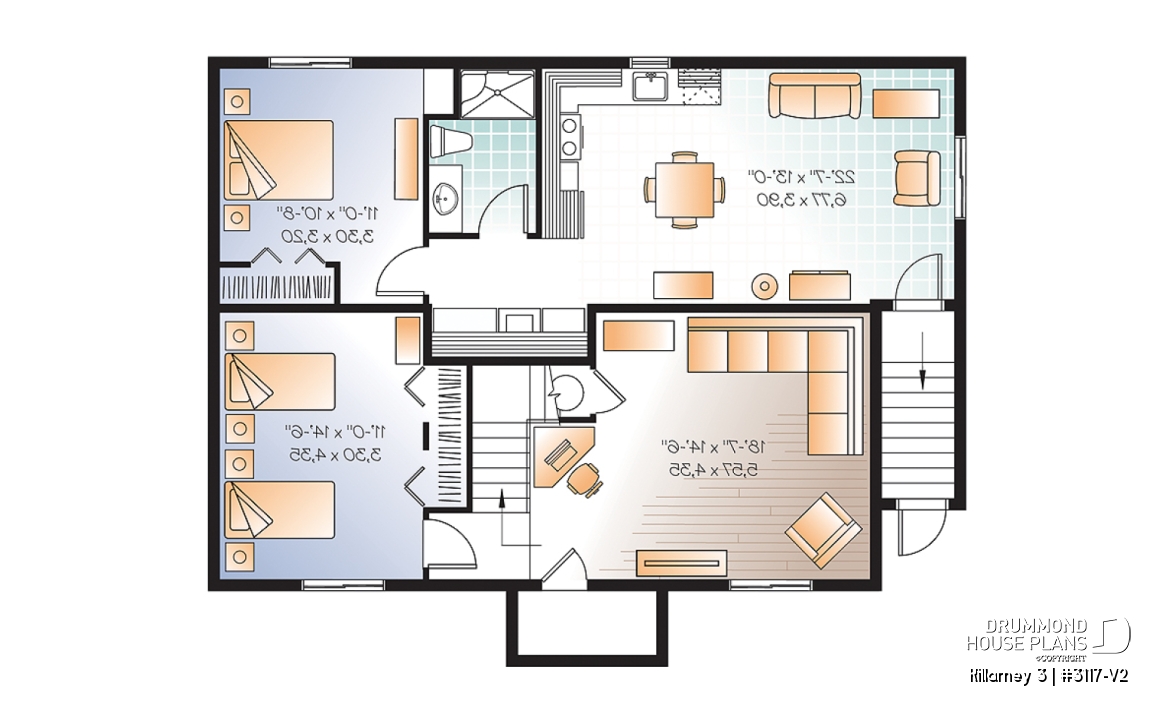 Basement - 3 bedroom house plan with 2 family rooms (main unit) and a one-bedroom basement apartment - Killarney 3