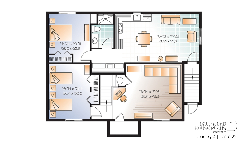 Basement - 3 bedroom house plan with 2 family rooms (main unit) and a one-bedroom basement apartment - Killarney 3