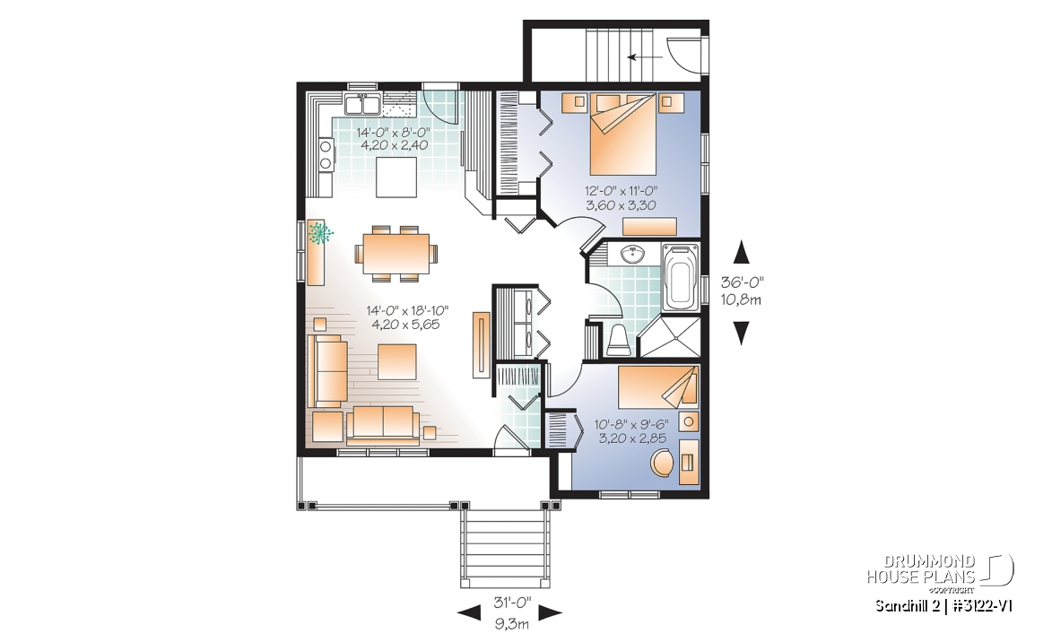 1st level - 2 bedroom Country style house plan with a 2 bedroom basement appartment, separate entrances - Sandhill 2