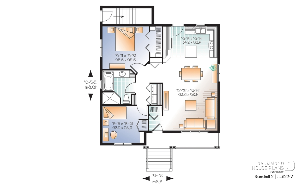 1st level - 2 bedroom Country style house plan with a 2 bedroom basement appartment, separate entrances - Sandhill 2