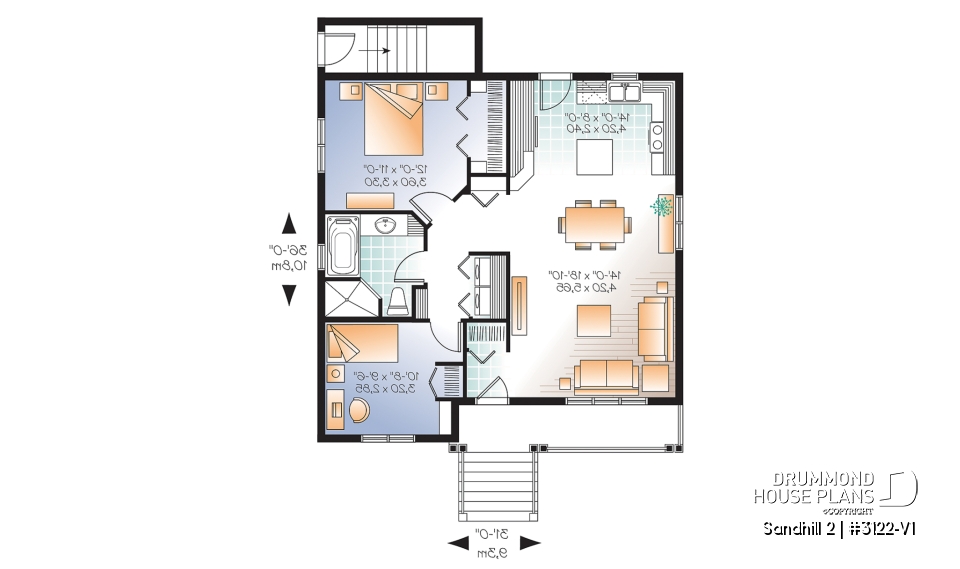 1st level - 2 bedroom Country style house plan with a 2 bedroom basement appartment, separate entrances - Sandhill 2