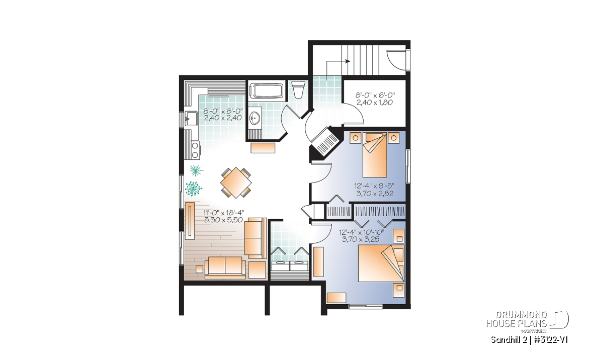 Basement - 2 bedroom Country style house plan with a 2 bedroom basement appartment, separate entrances - Sandhill 2